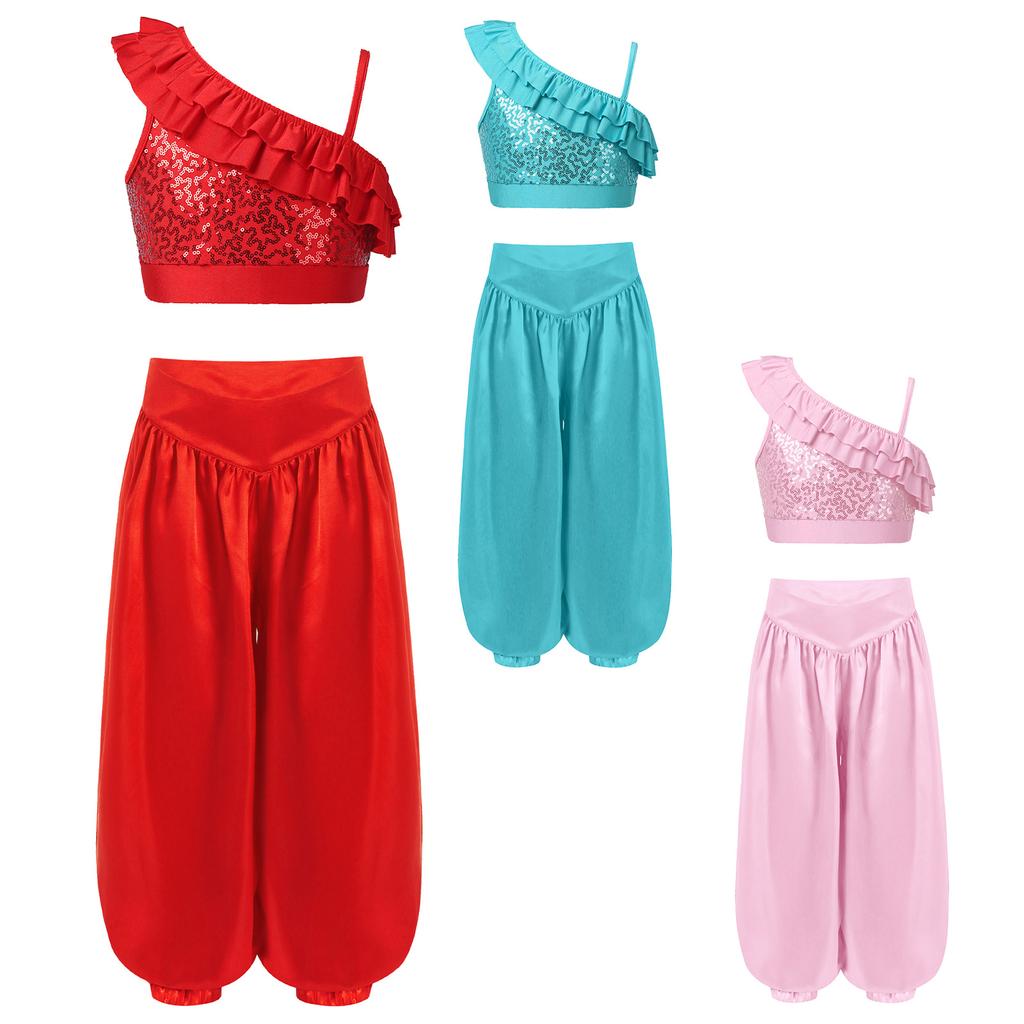 Girls Asymmetrical Shoulder Sequin Crop Top Satin Bloomers Pants Belly Dance Outfit