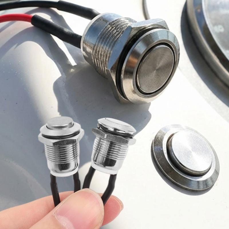 12mm Momentary Push Button Switch 12V Waterproof Power Pushbutton Small Round Chrome Stainless Metal 2pin N/O Switch Cable
