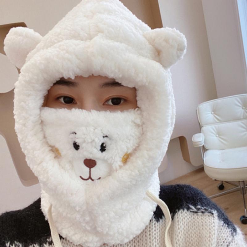 Women Cartoon Lamb Ear Beanie Hat with Mask Winter Warm Thickened Ear Neck Protection Cap Scarf One Pieces