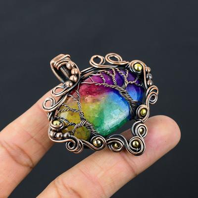 Albero della vita Arcobaleno Quarzo solare Gioielli con pietre preziose Ciondolo fatto a mano avvolto in filo di rame puro