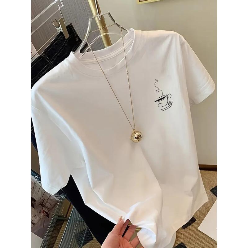 Kaffeetasse, Kaffee-Aroma-Print T-Shirt Kurzarm Rundhals Lässiges Oberteil für Sommer Frühling, Damenbekleidung