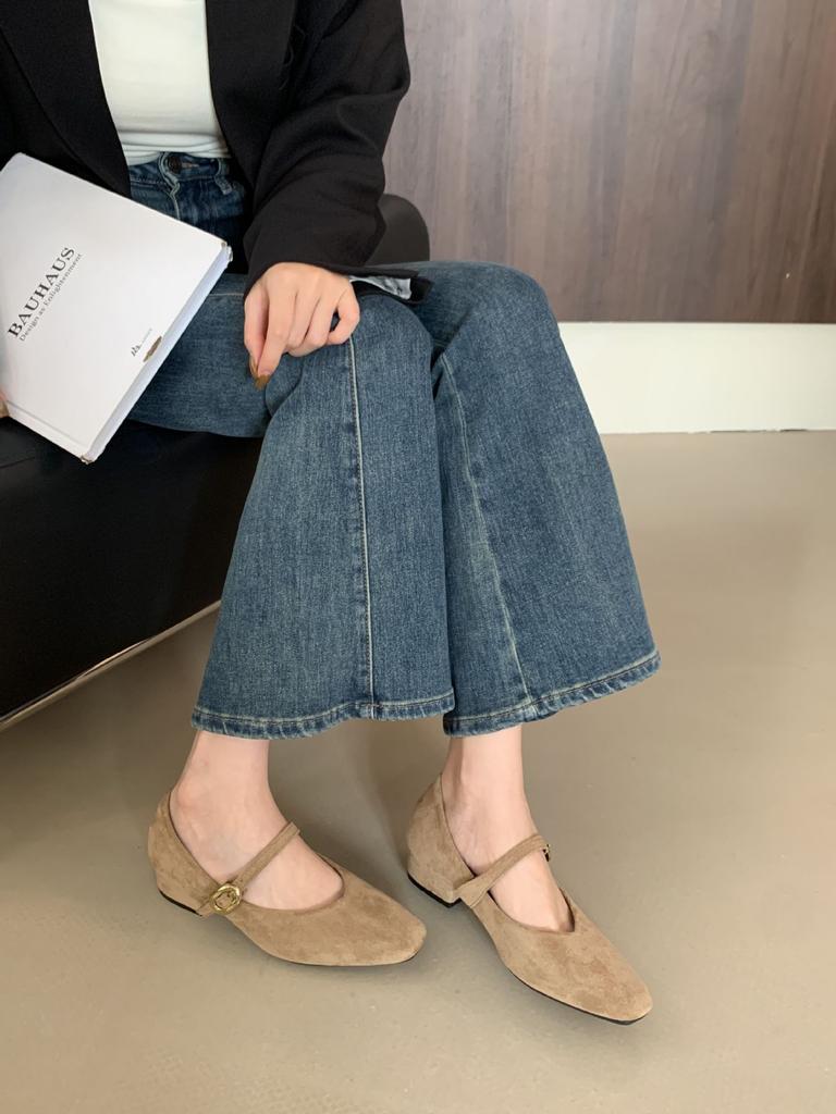 2025 new round head suede one-word with metal buckle, light mouth thick heel versatile OL Mary Jane women's single shoes