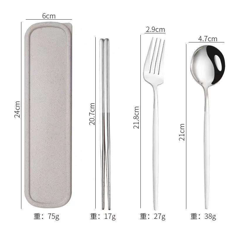 Stainless steel tableware, convenient student spoon, fork, chopstick three-piece set, travel storage set
