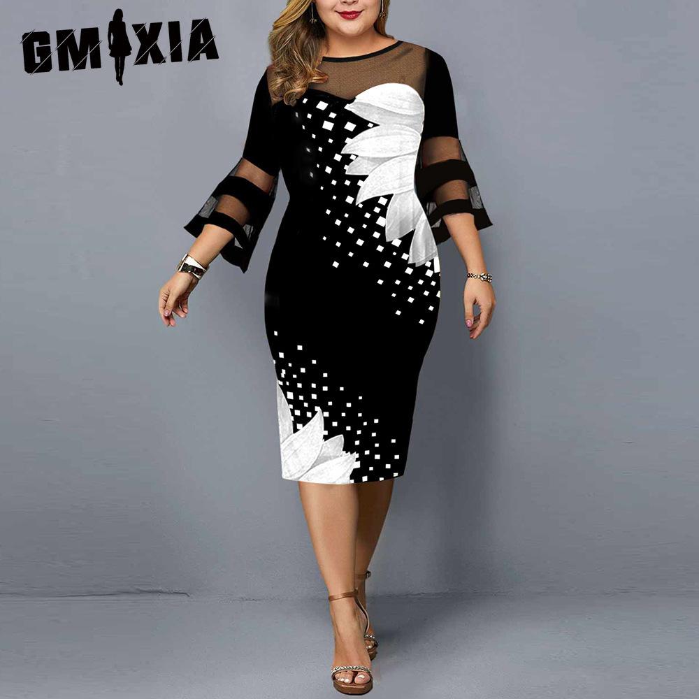 

GMXIA Женское облегающее платье миди с цифровым принтом, сетчатой вставкой, элегантное, приталенное, с рукавами-фонариками, для свадебной вечеринки XXL белый