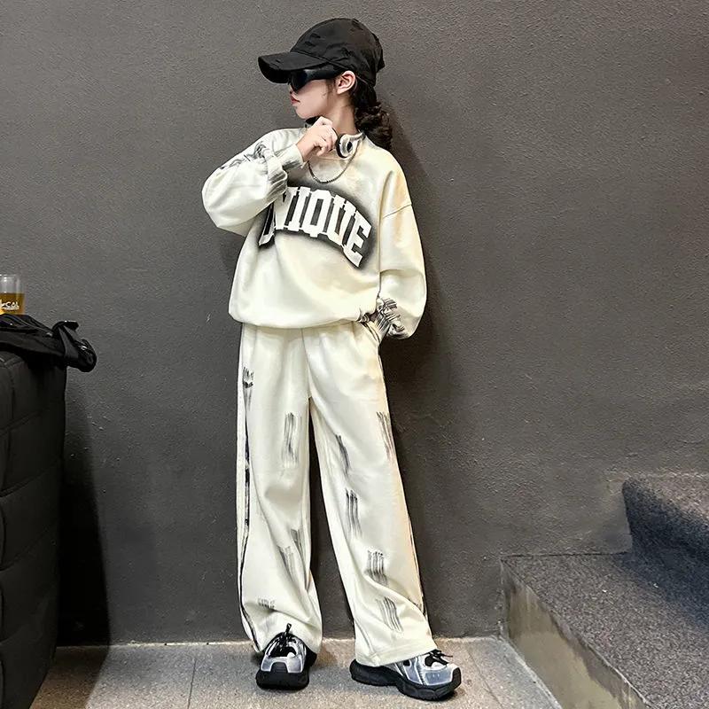 Frühling Herbst Mädchen Freizeitanzug Buchstaben Sweatshirt Hose Zweiteiliges Set für Mittlere und Große Kinder