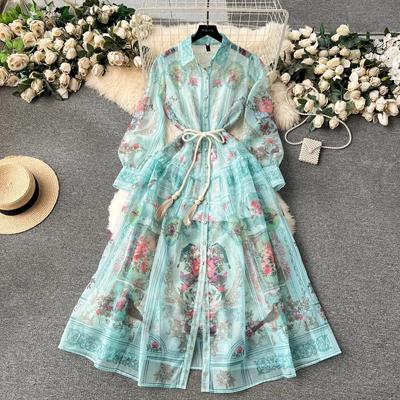 Άνοιξη Καλοκαίρι Holiday Flower Print Organza Beach Φόρεμα Γυναικείο φανάρι μανίκι μονό στήθος μάξι ρόμπα επάνω σε μια γραμμή