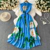 Summer Women Flying Sleeve Print Bling Diamonds Flower Long Maxi Holiday Seaside Dresses
