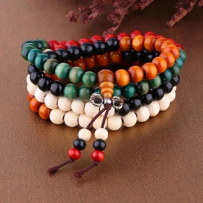 Multicolor Tibetan Buddha Sandalwood Wooden Buddhist Prayer Beads Faith Meditation Unisex Men Women Bracelets