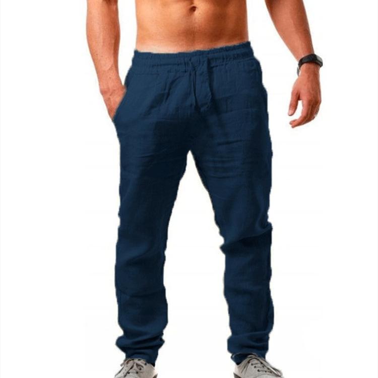 Summer Men's Hip Hop Breathable Cotton Linen Loose Casual Sports Solid Color Elastic Tether Trousers