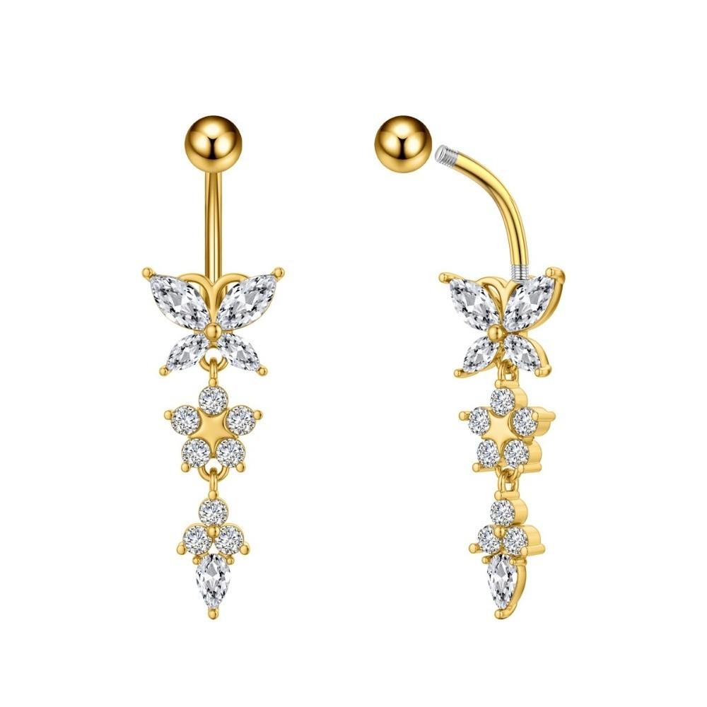 Unique Zircon Butterfly Belly Button Ring Long Chain Stainless Steel Body Piercing Jewelry Elegant Curved Barbell
