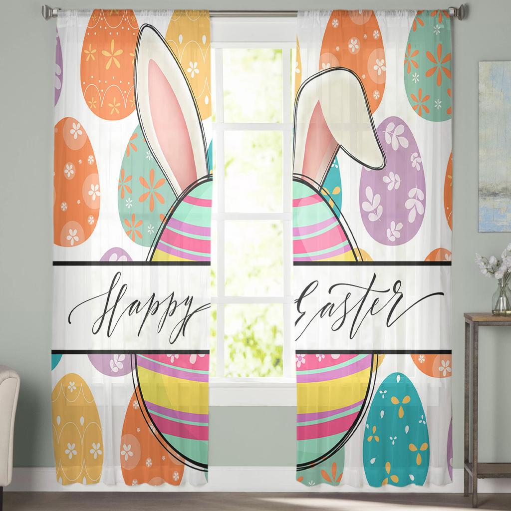Easter Egg Texture Rabbit Ears Tulle Curtains For Living Room Bedroom Voile Sheer Curtain Window Home Decor Drapes