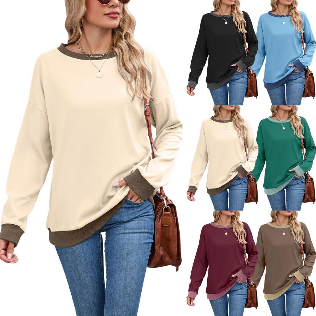 Women's Round Neck Loose Top Long Sleeved Color Blocked Ribbed Sweatshirt