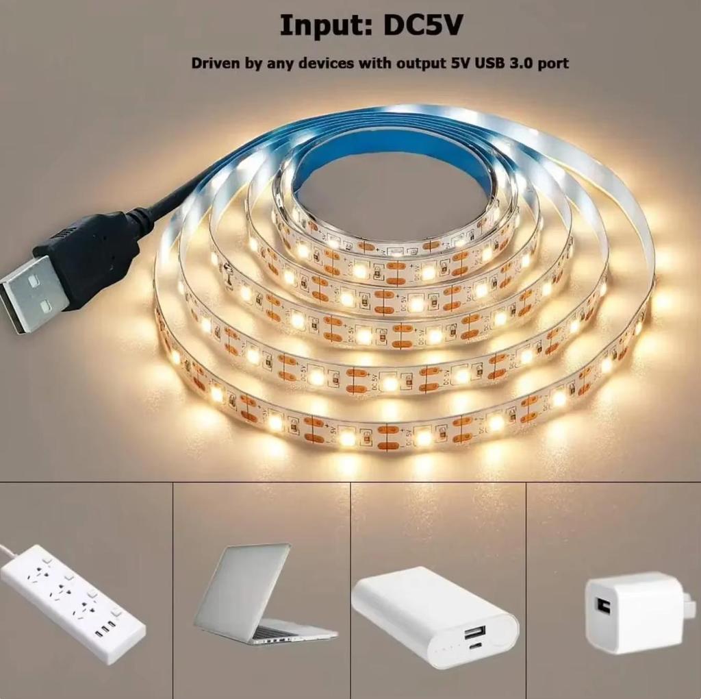 5V USB LED Strip Light White/Warm White – Flexible SMD 2835 Tape, Cuttable & Self-Adhesive for TV Backlight Cabinet Home Lighting