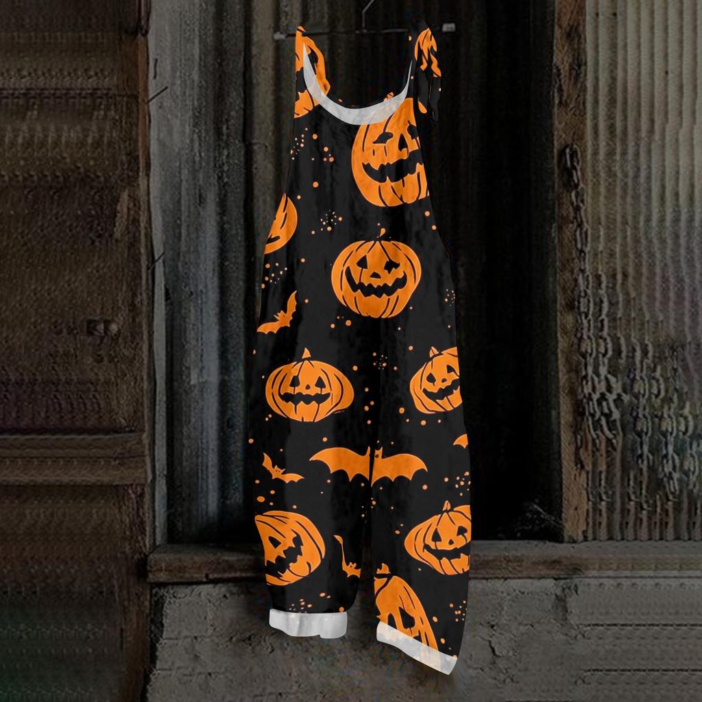 Women Halloween Print Loose Fit Vintage Style Overalls Casual Linen Blend Sleeveless Wide Leg Jumpsuit with Adjustable Straps