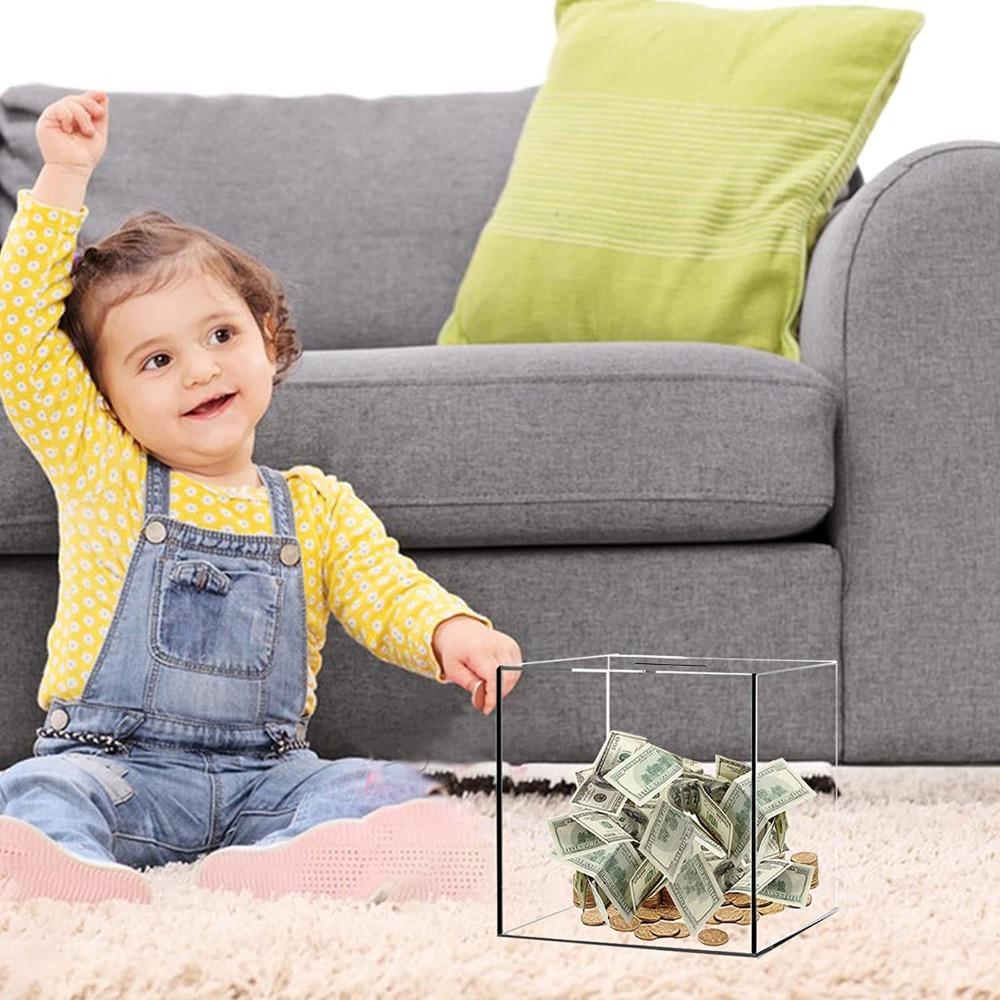 Durable Transparent Cannot Be Opened Birthday Gift Coins Container Money Saving Box Cube Piggy Bank