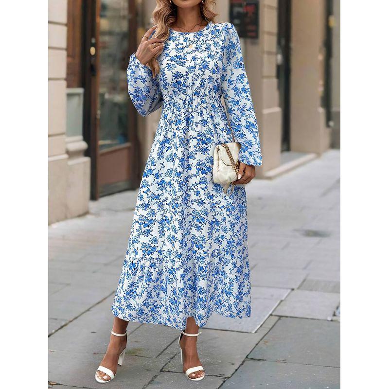 

Sweet Small Women s round Neck Small Floral Fashion French Style Ruffles Long Sleeves Dress Long Dress Dress Dress Bottoming Sky Blue S