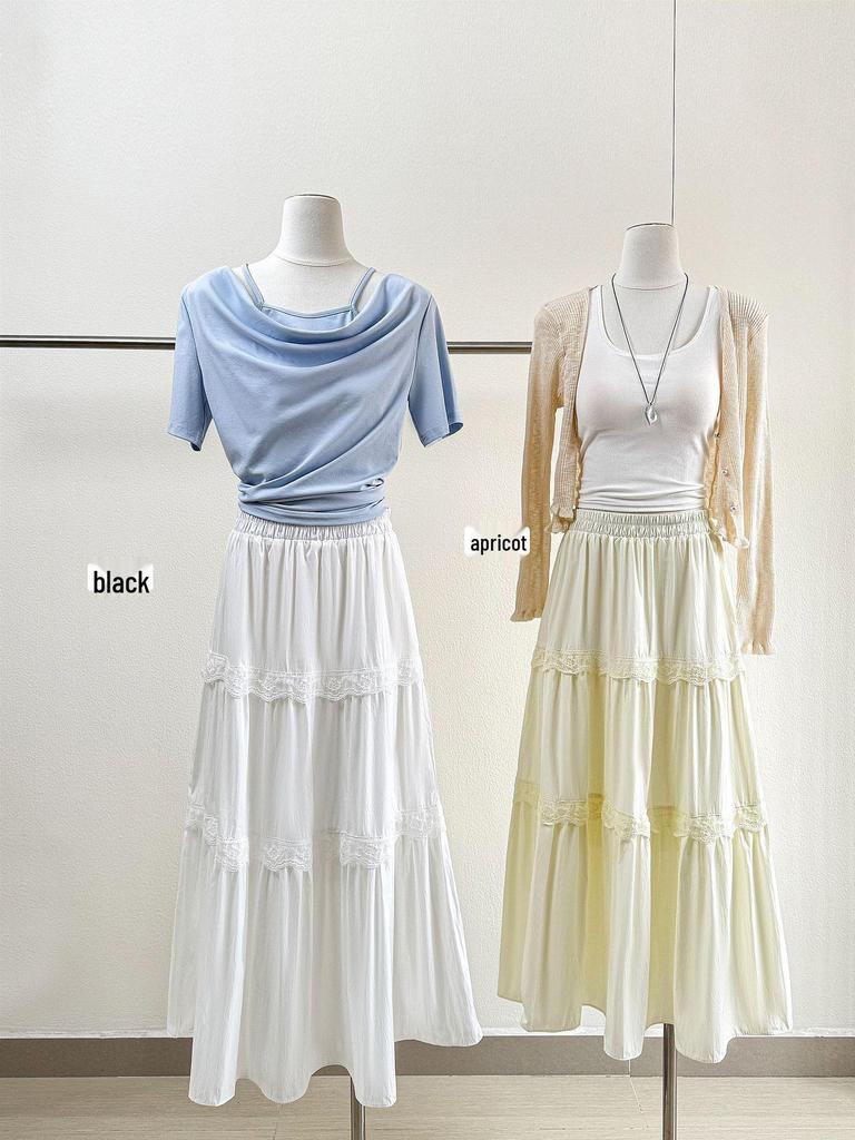2026 Spring/Summer White Patchwork Lace Trim Fairy A-line Mid-length Beach Skirt