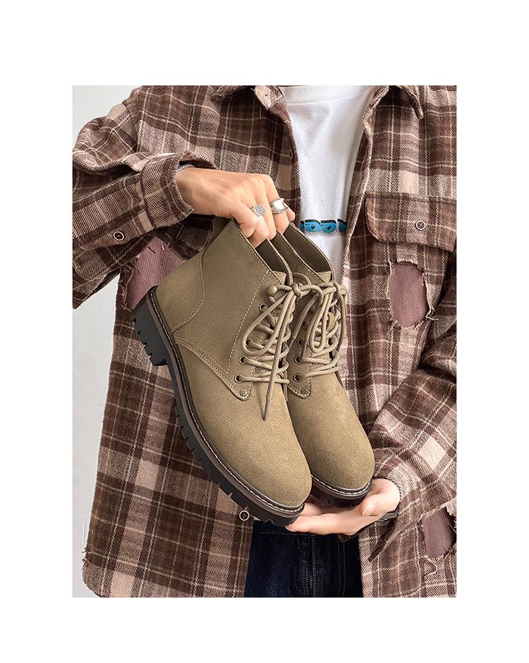 2025 Men's Autumn/Winter Yellow Martin Boots, Cow Suede, Breathable, Versatile, Round Toe, Comfortable Mid-Top Style
