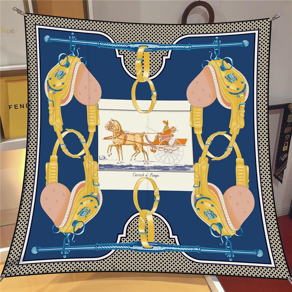 90Cm Twill Silk Scarf Shawl Luxury Checkered Horse Print Square Scarves Women Hijabs Bandana Foulard Head Neckerchief
