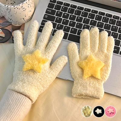 Women Plush Cycling Solid Outdoor Cartoon Star Soft Warmer Winter Coral Velvet Gloves Cute