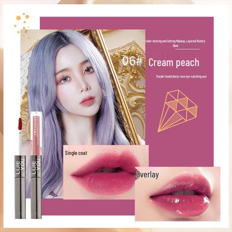 Dual-ended Lip Glaze & Gloss: Mirror Finish, Water Light Effect, Non-fading Nude Shade.