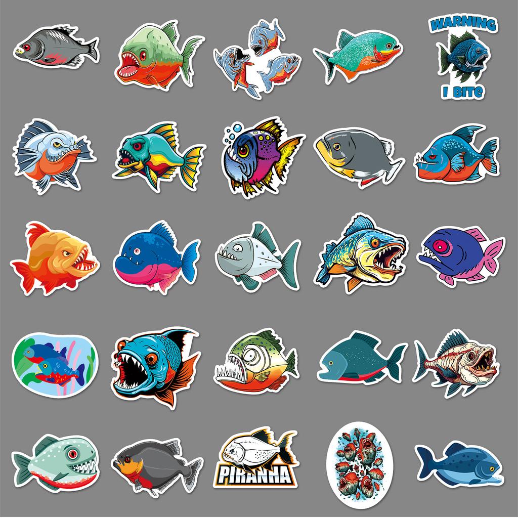 50 Piranha Personality Graffiti Ferocious Animal Decorative Water Cup Luggage Skateboard Guitar Stickers