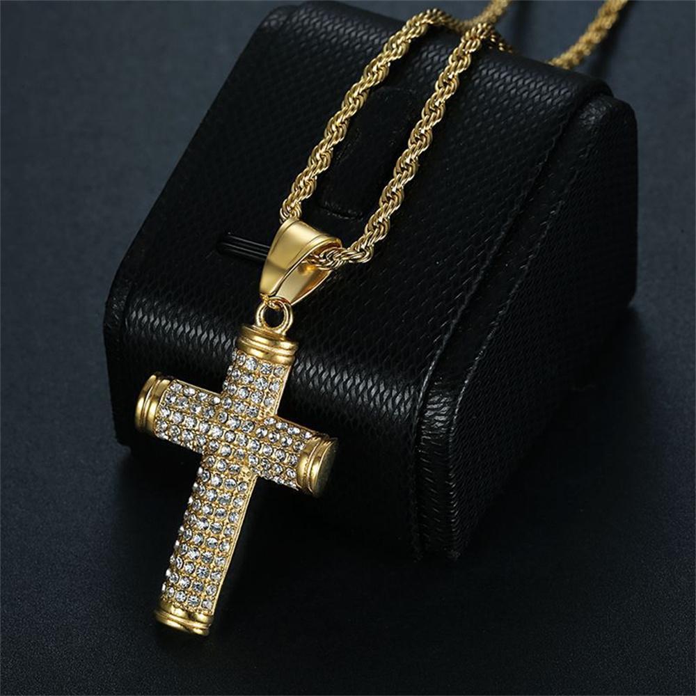 Iced Stainless 316L No Fade Titanium Steel Full Diamonds Cross Pendant Necklaces for Men Women Punk Rock Hip Hop Jewelry