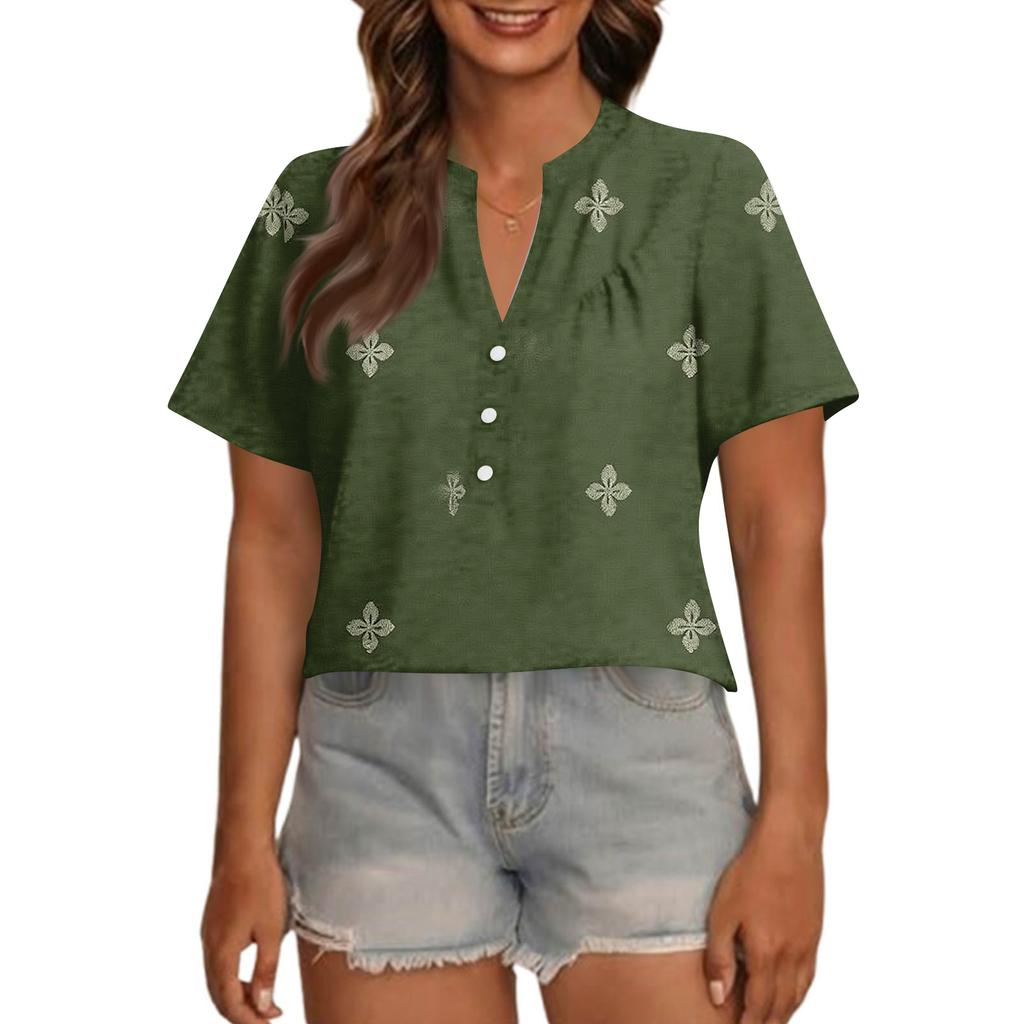 Modisches, lässiges Damen-Top mit V-Ausschnitt, Knopfleiste, Oversize-Schnitt, kurzen Ärmeln und Print