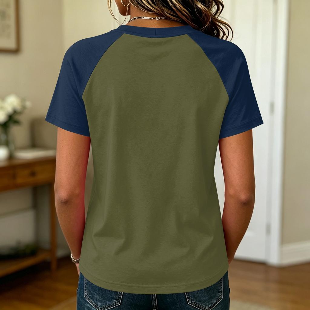 Women Casual Short Sleeve Raglan Sleeve T Shirt Crew Neck Color Block Loose Fit Lightweight Summer Top