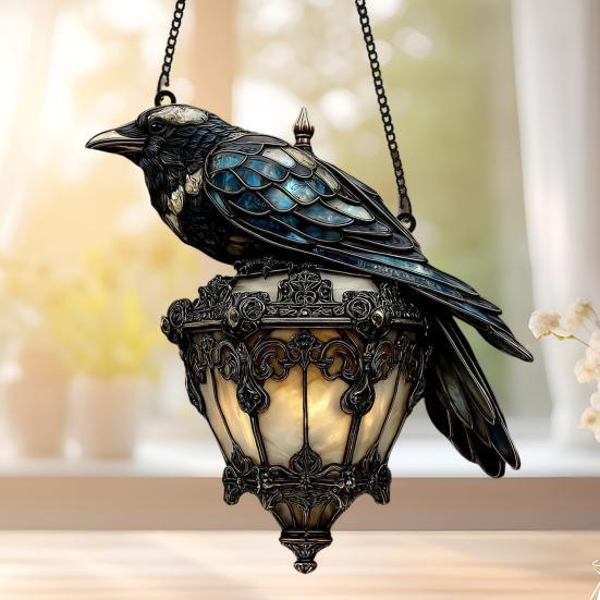 Raven On Lantern Suncatcher Decoration Indoor Outdoor Gothic Halloween Crow On Lamp Stained Glass Acrylic Hanging Ornament Pendant