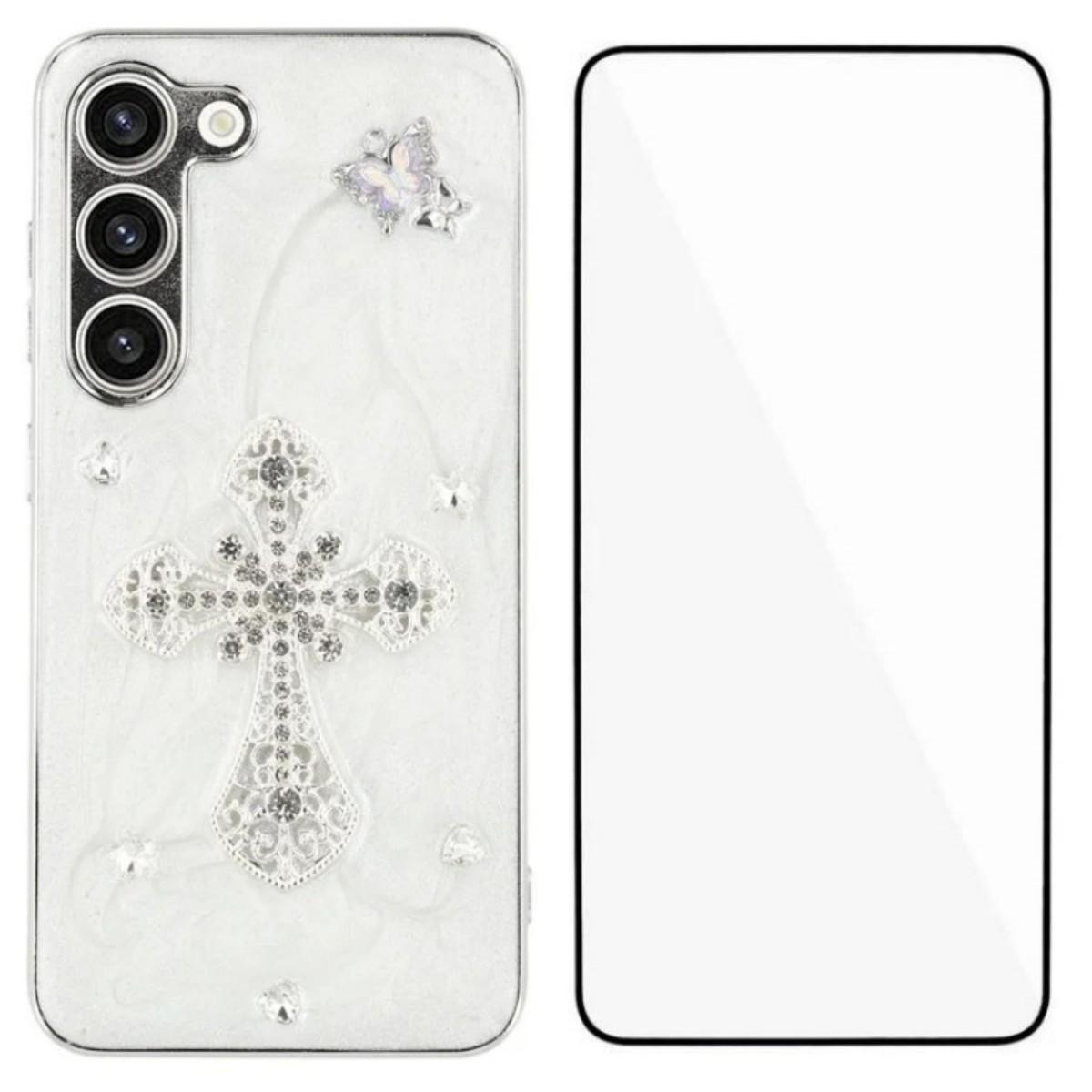 

Для Samsung Galaxy S23 Чехол WANLONFENG Гальванизированный Эпоксидный ТПУ+Акрил Чехол для Телефона с Закаленным Стеклом Cross