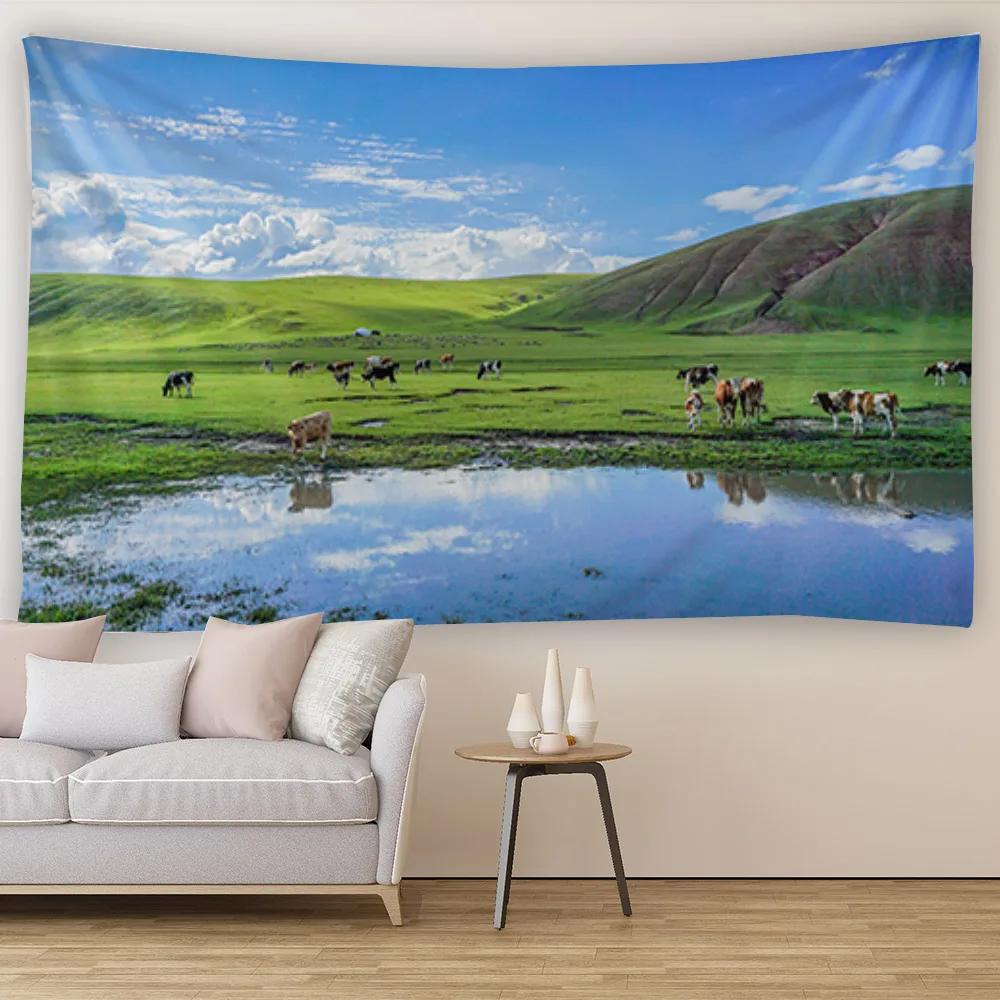 Blanket Curtain Bedroom Living Room Decoration Blue Sky White Cloud Grassland Wall Hanging Tapestry Art