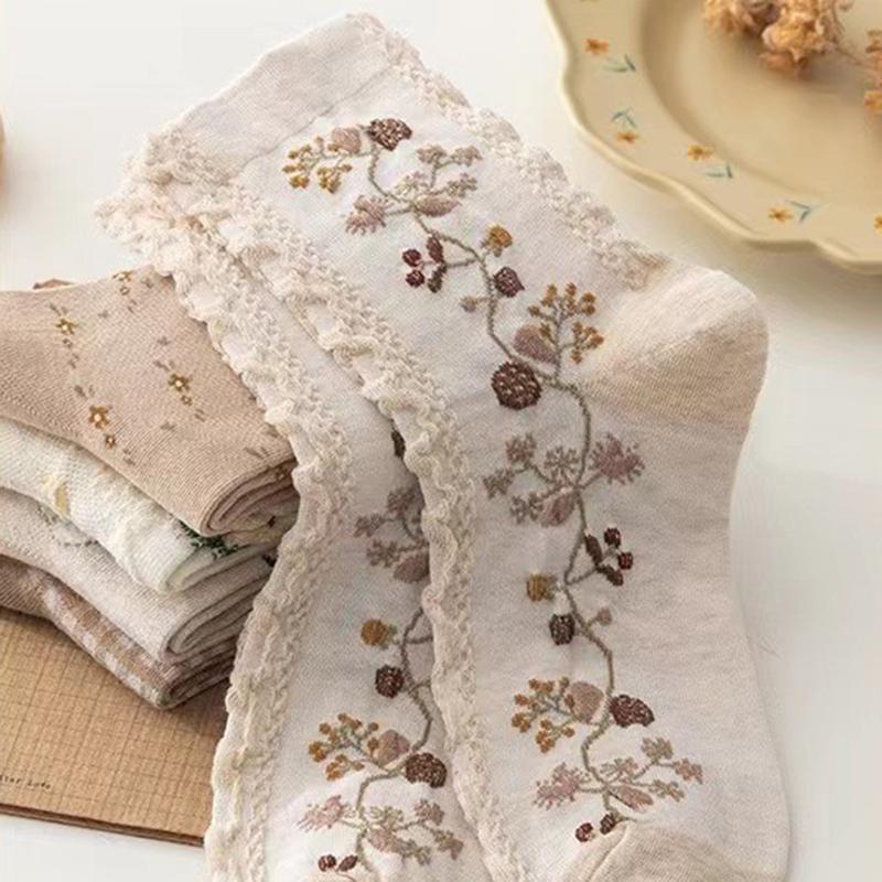 5 Paar Damen Cartoon Bedruckte Mittelhohe Socken Retro Blumenmuster Tiermuster Bequeme Schweißabsorbierende Atmungsaktive Freizeitsocken