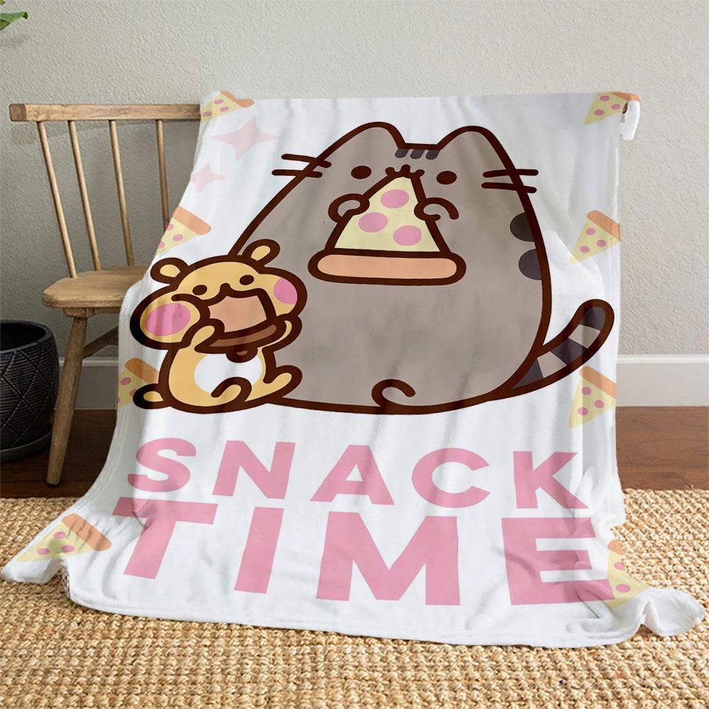 1ks Pusheen Tématická deka z flanelu se svačinkovým designem - 3D tištěná měkká teplá, lehká přikrývka pro všechna roční období pro kempování, cestování, postel -080735