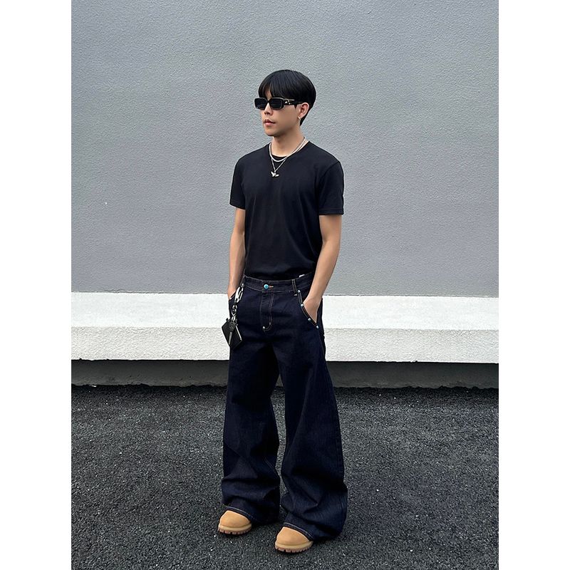 Blaexit Retro Turquoise High-End Denim Blue Jeans for Men and Women, Straight-Leg Loose Original Denim Color Wide-Leg Pants