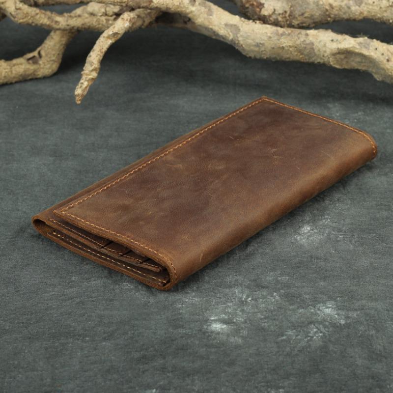Herren Vintage Crazy Horse Echtes Leder Portemonnaie Lange Dreifach-Kupplungstasche Langlebige Handtasche mit großem Fassungsvermögen für den täglichen Gebrauch und Reisen