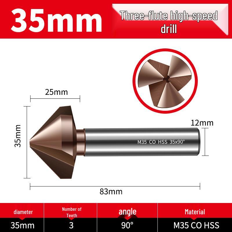 Straight Shank Single-Edge 3-Flute 45° Chamfering & Deburring Countersink Drill Bit, 90° Inner Hole Trimmer