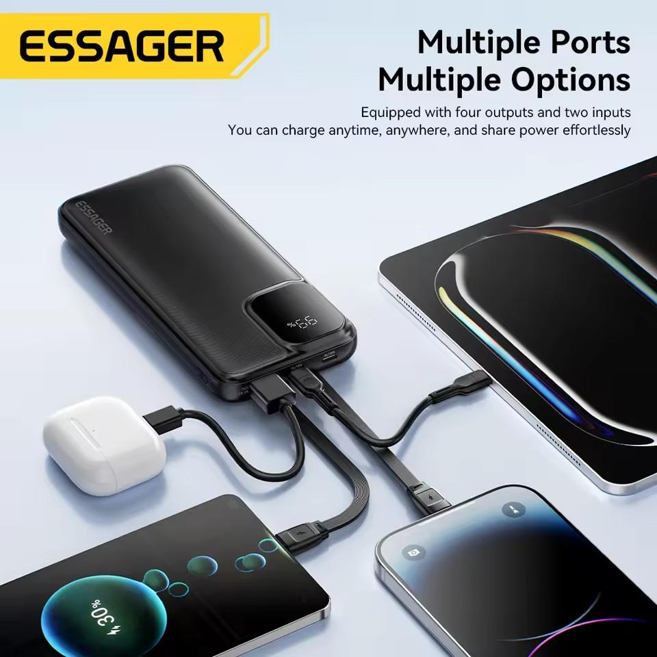 Essager 22.5W 20000mAh PowerBank PD Fast Charger with Two Cables Portable 10000mAh External Battery For iPhone 16 Xiaomi Samsung