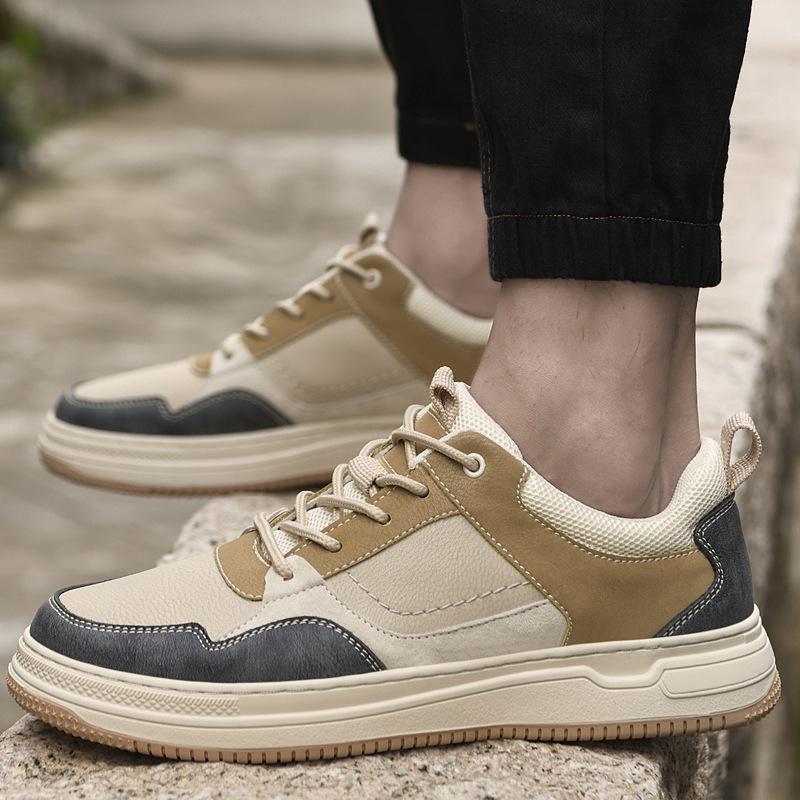 2032 Men's Handmade Flat Sole Cowhide Fashion Sneakers - Low-Top, Color Block, Large Size, Casual Spring/Autumn Trend