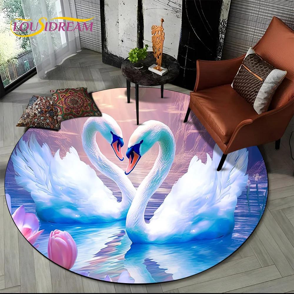 3D Dream Love Swan Cartoon Cygnus Girl Gift Round Carpet Rug for Living Room Bedroom Child Decor,Pet Area Rug Non-slip Floor Mat