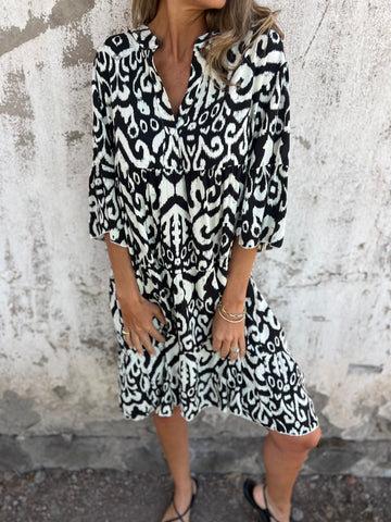 European And American Style Women'S Clothing, Spring And Summer New Four-Sided Elastic Casual V-Neck Printed Pleated Women'S Dress