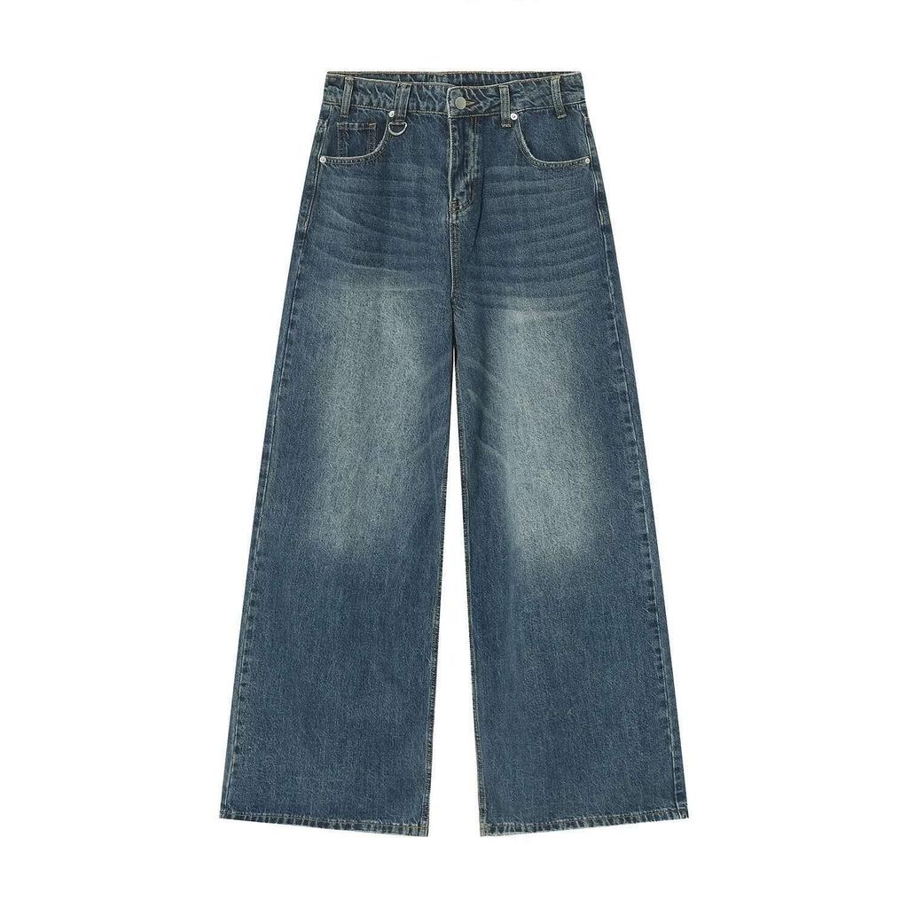 BeatStreet Vintage Camouflage Men's Jeans Fashion Washed Casual Wide Leg Denim Pants Autumn Winter Loose Male Trousers Old Blue