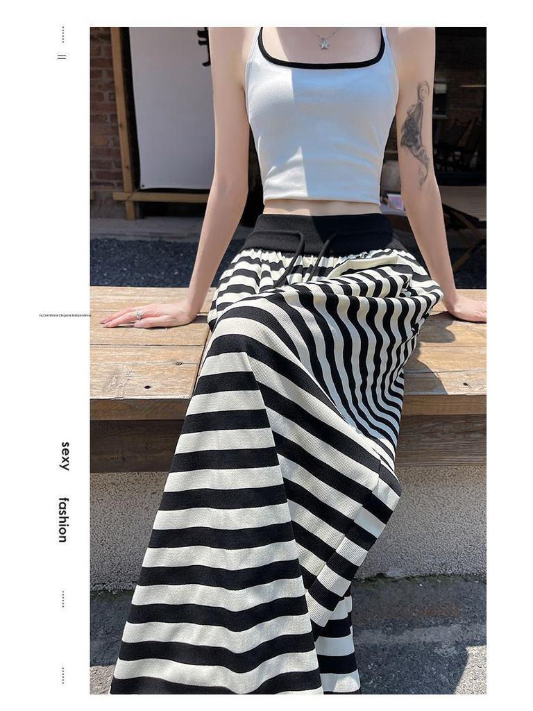 2026 Summer Women's Striped Floor-Length High Waist Loose Wide-Leg Pants