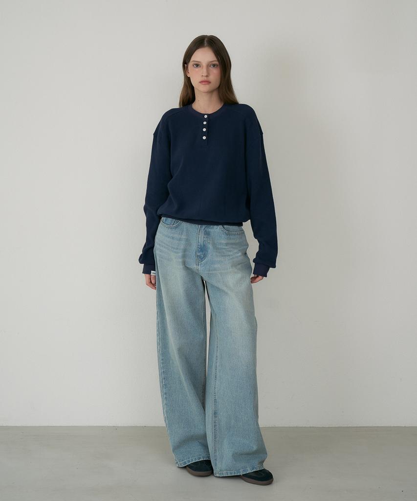 DEHEVE Check Henley-Neck Sweatshirt [Navy]