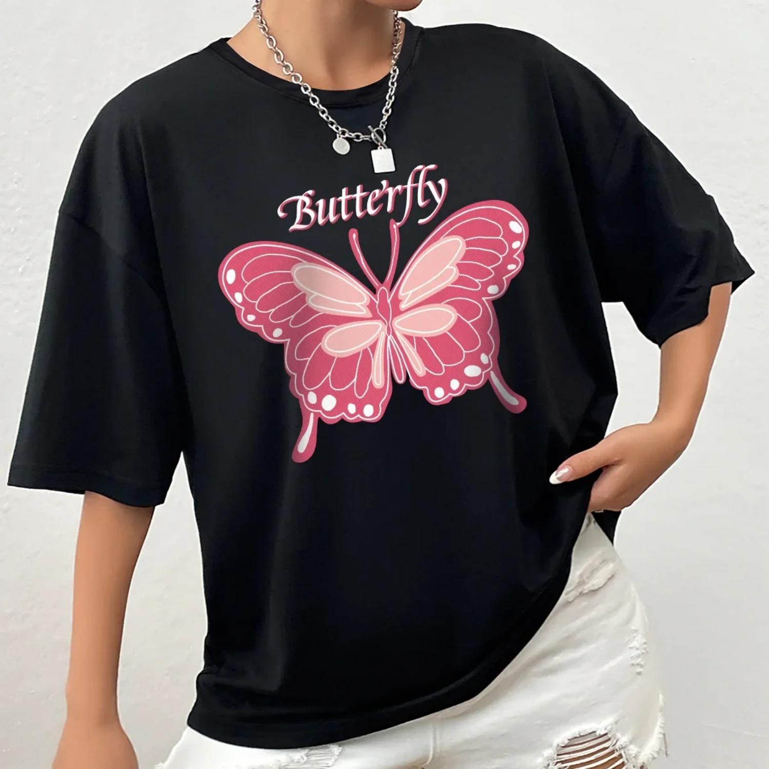 

Fashionable Casual Short Sleeve T-Shirt Butterfly Print Shoulder Drop Polyester Fiber Crew Neck Short Length from China S чёрный