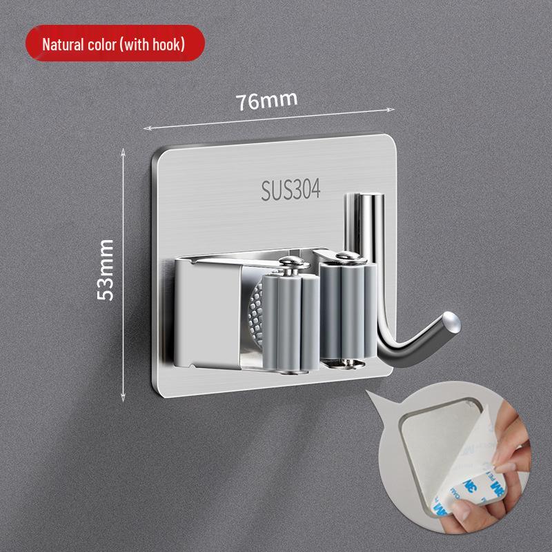 Stainless Steel No-Drill Mop & Broom Holder with Hooks - Wall-Mounted, Strong Adhesive Storage Clip