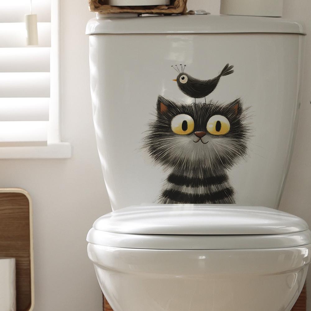 Cartoon Grey Cat Bird Toilet Bathroom Decoration Wall Stickers