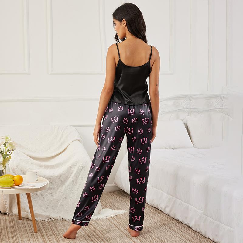 Women's Crown Letter Print Pajama Set Sleeveless Cami Top with Pants Nightgown Sexy Nightwear Satin Sleepwear 2 Piece Loungewear