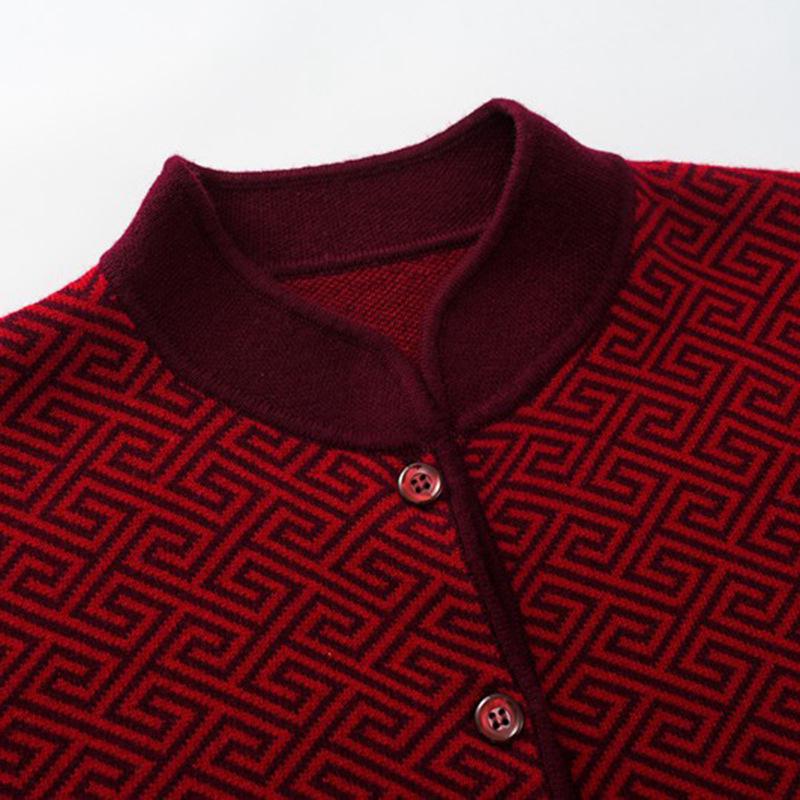 Women's Thick Pure Wool Cardigan: Large Size Stand Collar Sweater for Middle-aged and Elderly