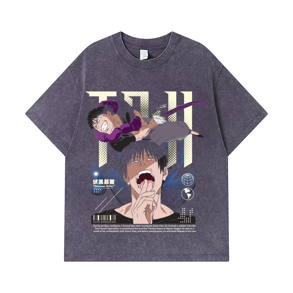 275 GSM Washed T-shirts 100% Cotton Jujutsu Kaisen V47 Toji Print Unisex Heavy Cotton T Shirt